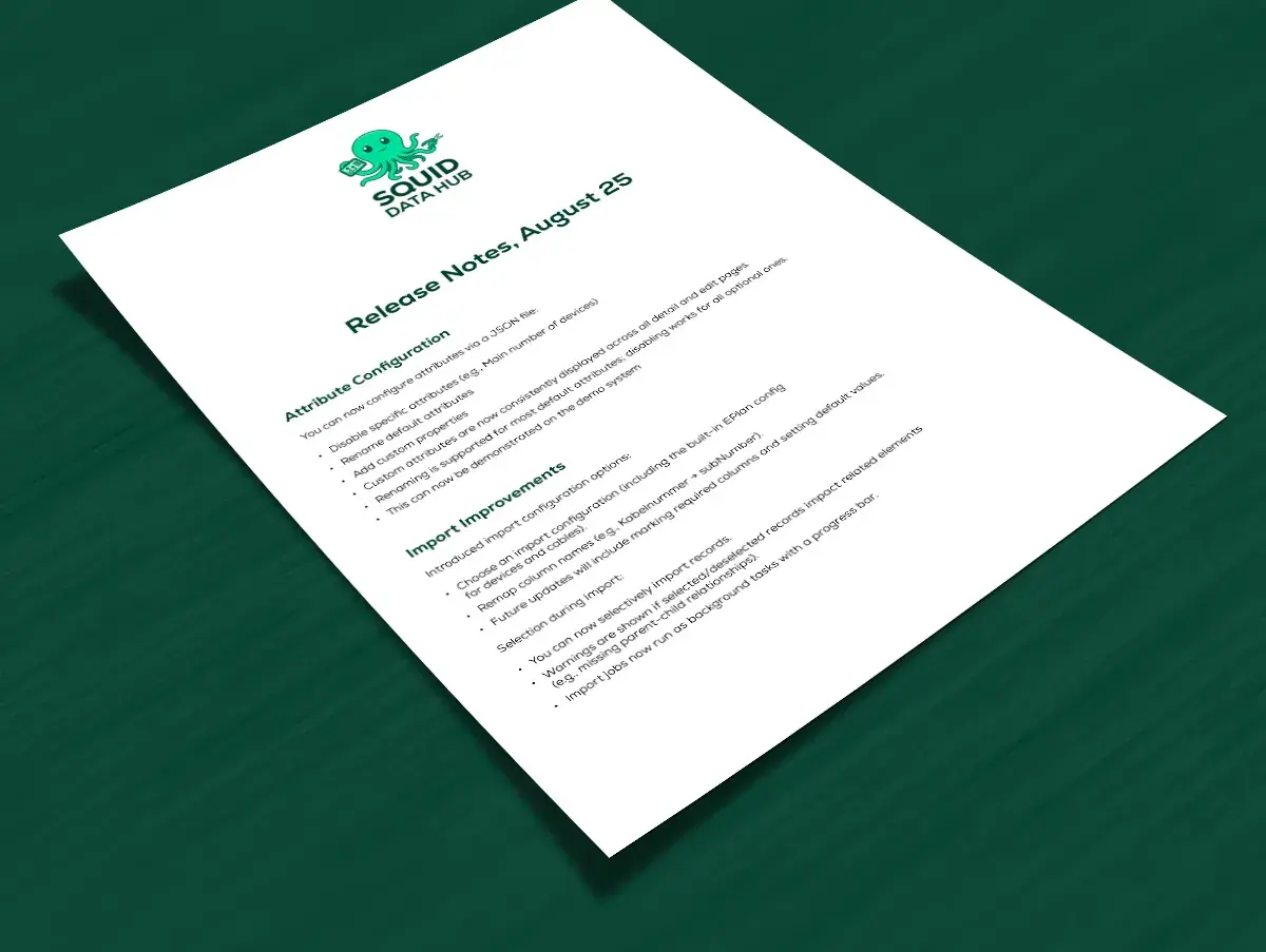 Din A4 Ausdruck der Squid Data Hub Releasenotes August 25