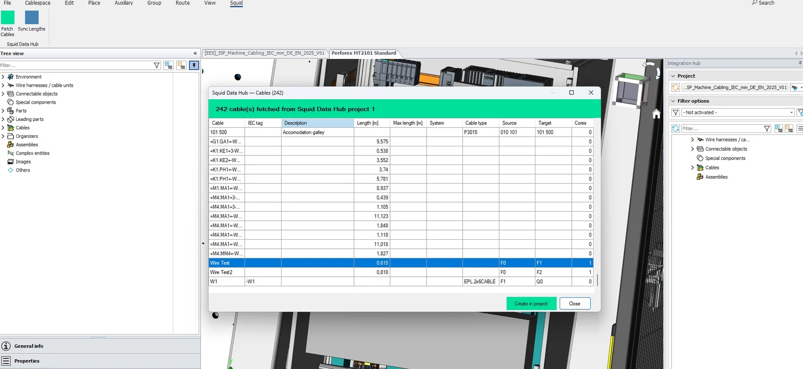 Eplan Cable proD with the Squid Data Hub ribbon: a dialog lists the cables fetched from a Squid Data Hub project, one cable selected