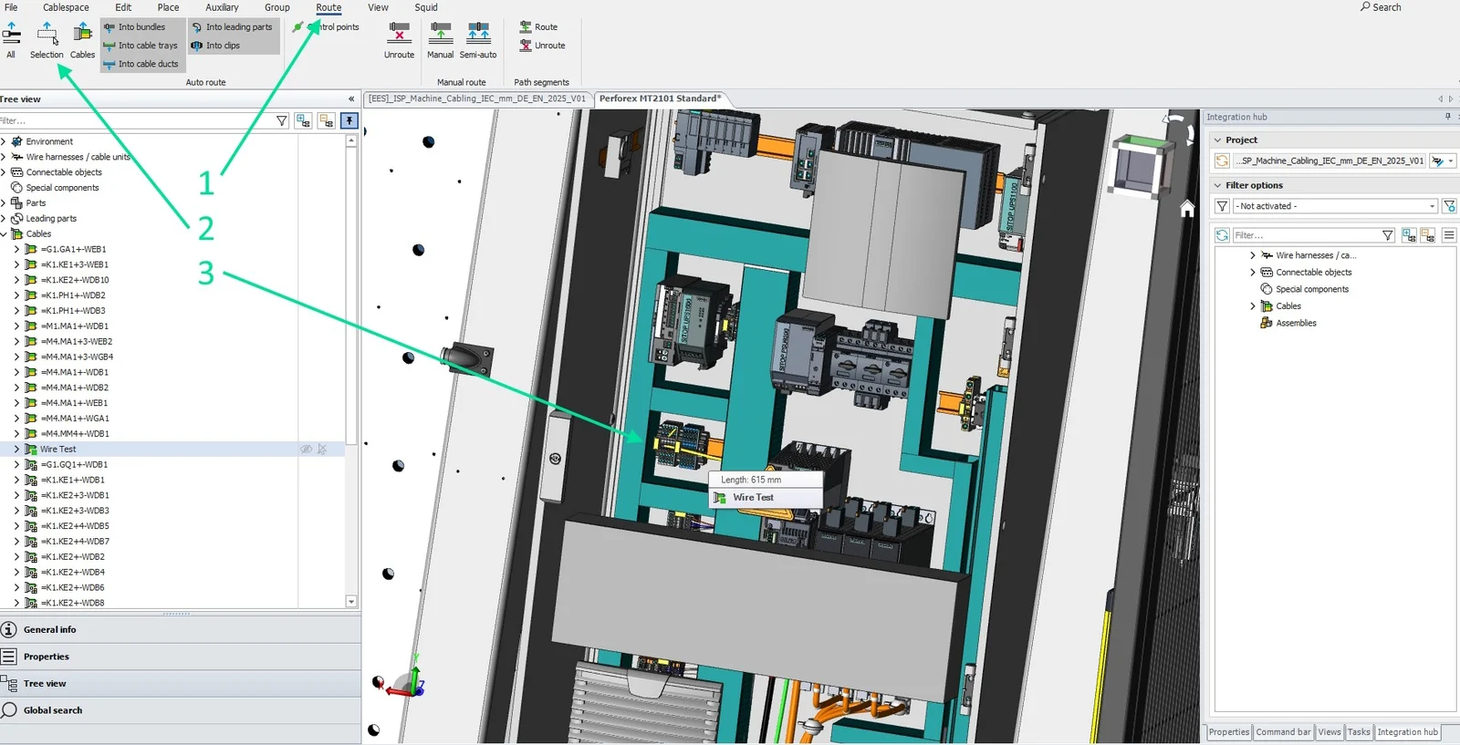 Eplan Cable proD: the cable routed through the cabinet, now showing its real length of 615 mm