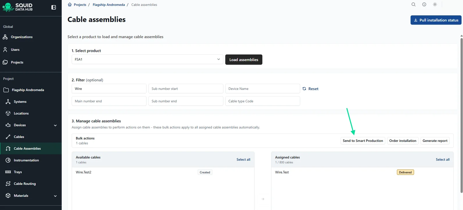 Squid Data Hub bulk actions for the selected cable assembly, with Send to Smart Production highlighted