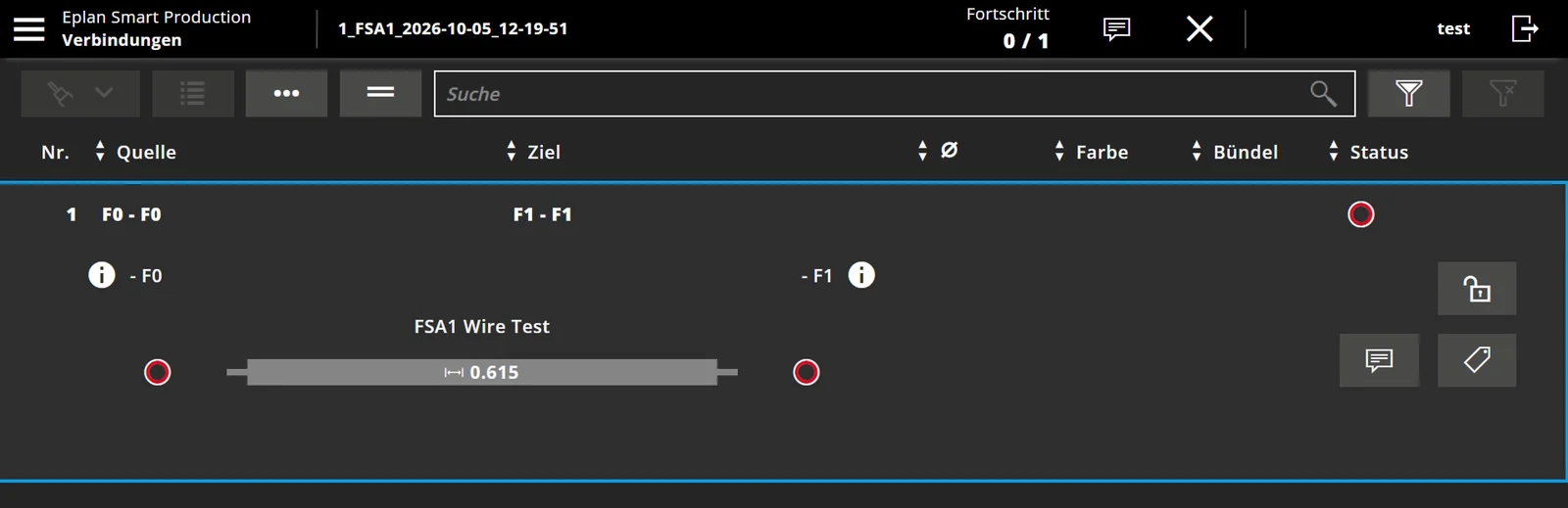 Eplan Smart Production showing the received order with one open connection, progress 0 of 1