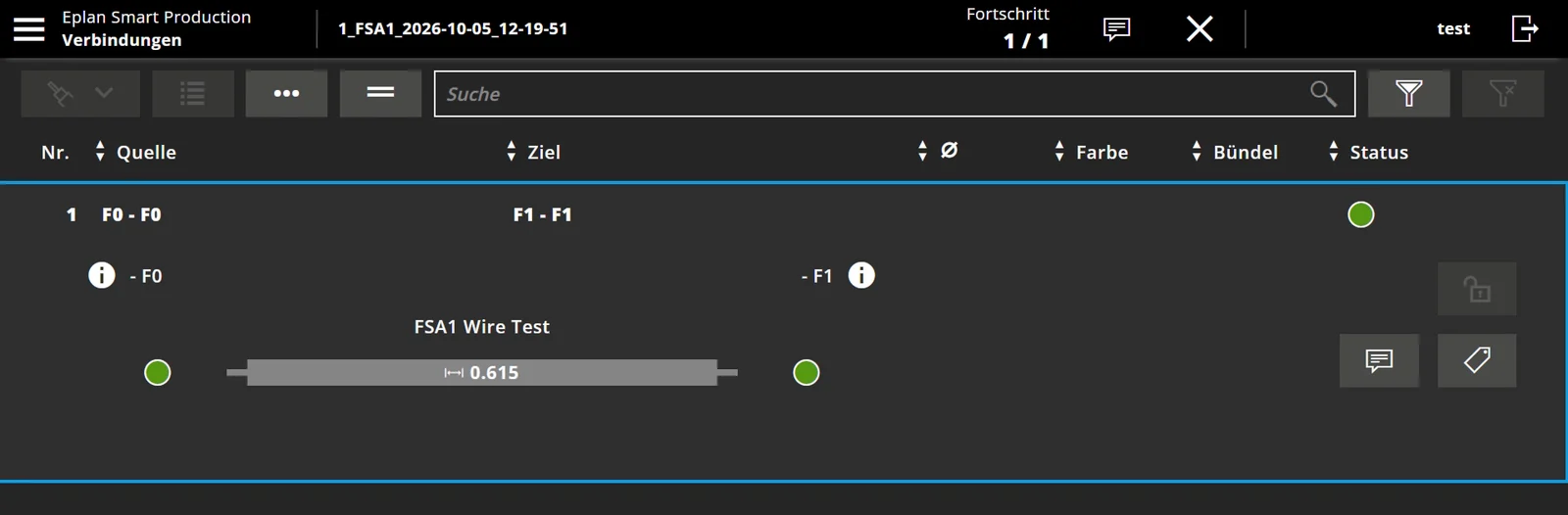 Eplan Smart Production with the connection completed, progress 1 of 1